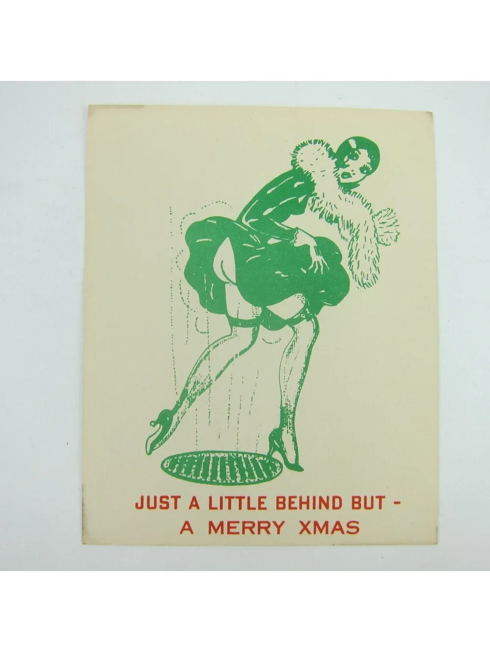 Christmas Card Comic Humor Woman Skirt Blown Exposed Naked Butt Risque Vintage